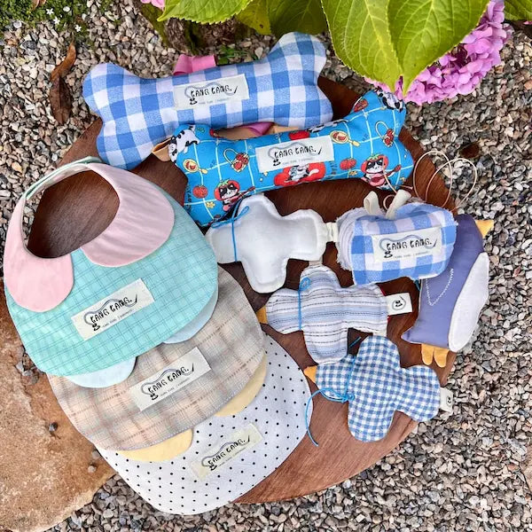A collection of Kang Kang handmade pet accessories arranged on a wooden surface, including fabric bone toys in blue gingham and novelty cat prints, pet bibs in plaid and polka dot patterns, and butterfly-shaped coasters, with hydrangeas in the background