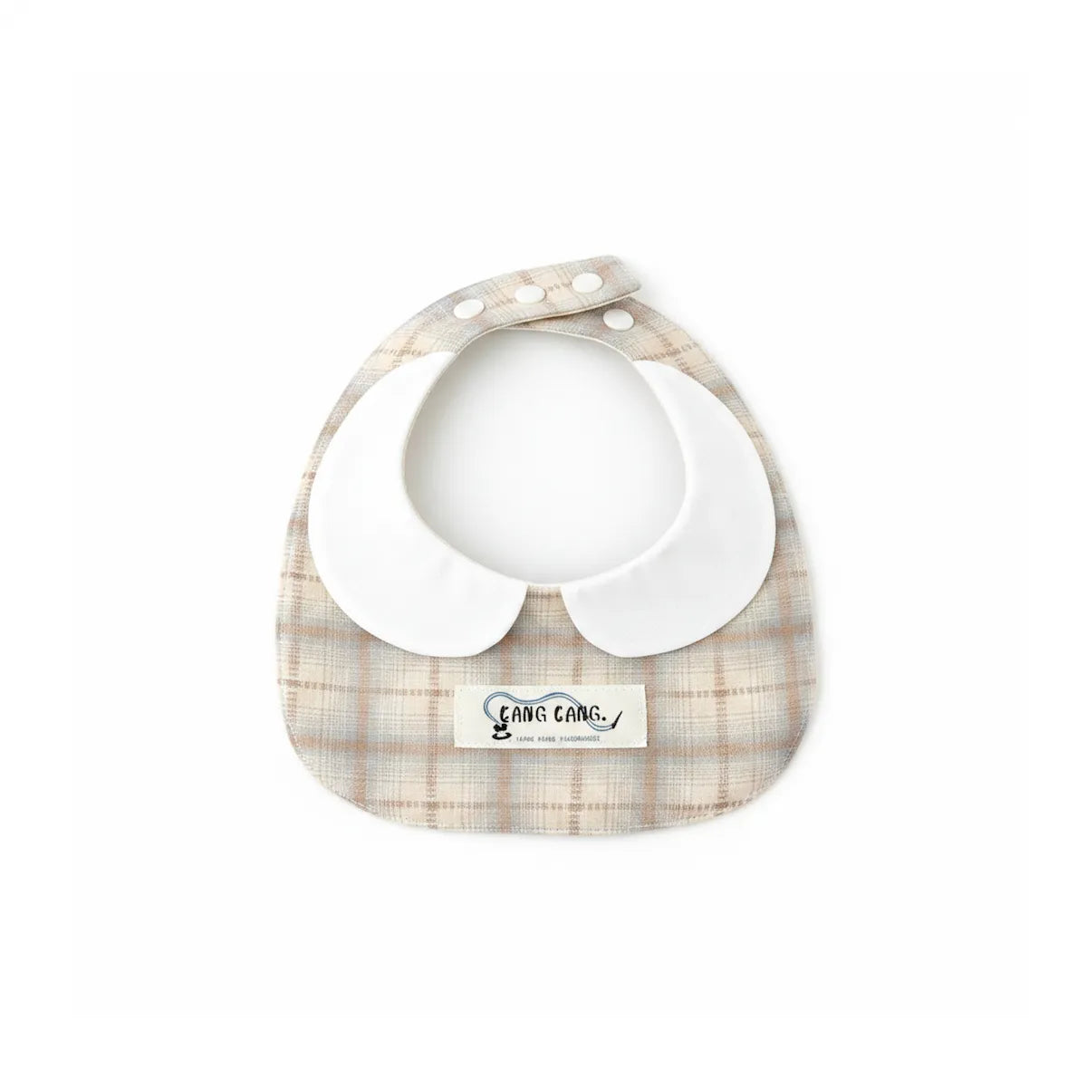 Kang Kang Handmade handmade baby bib in beige plaid fabric with white Peter Pan collar, snap closure