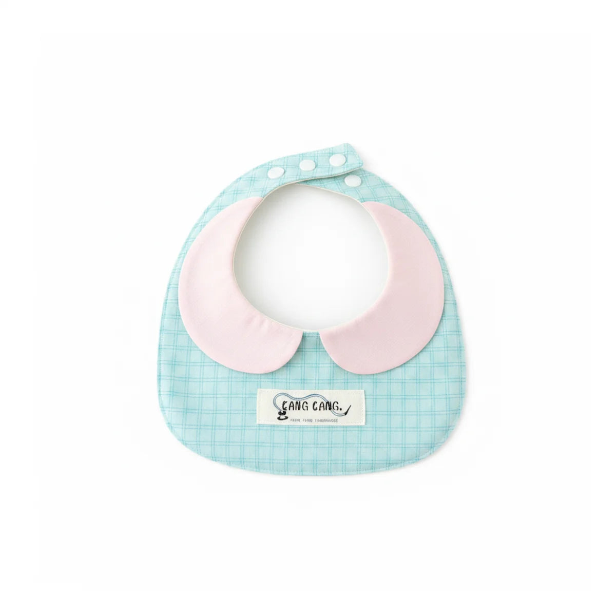 Kang Kang Handmade handmade baby bib in mint green plaid fabric with pink Peter Pan collar, snap closure