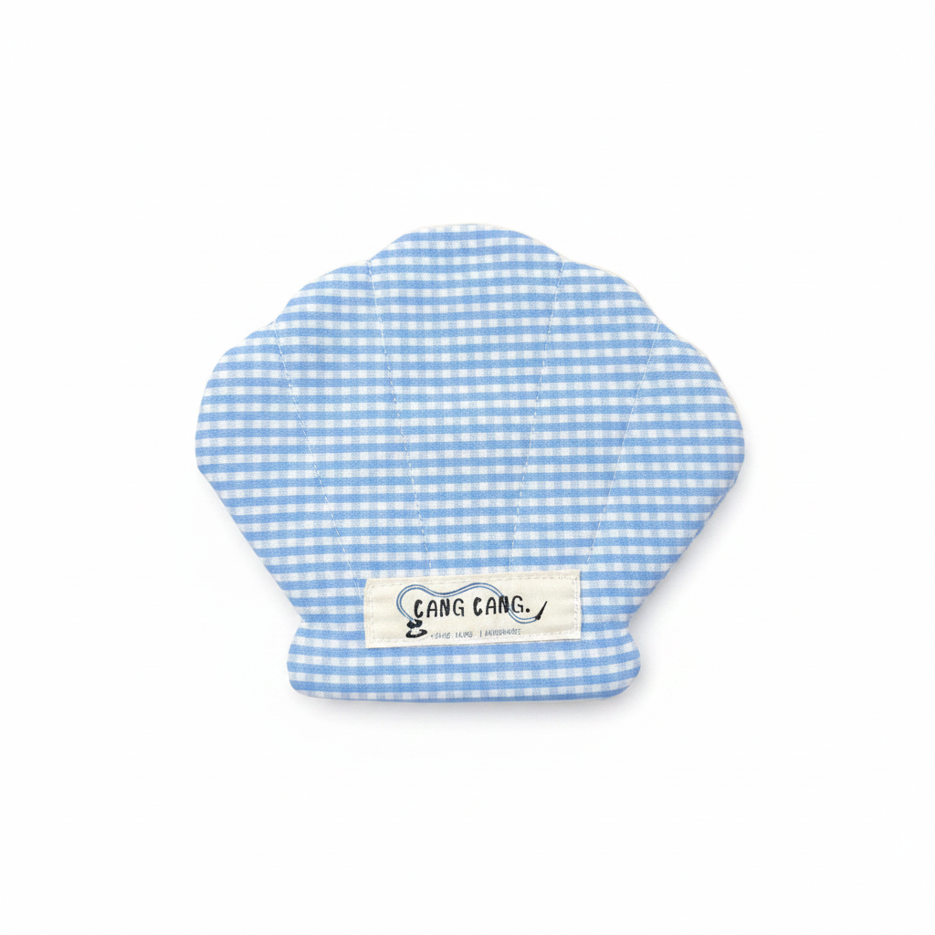Kang Kang Shellie Pouch in light blue and white gingham check quilted fabric, shell scallop shape, white brand label, on white background