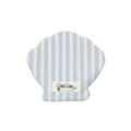 Kang Kang Shellie Pouch in blue and white vertical stripe quilted fabric, shell scallop shape, white brand label, on white background