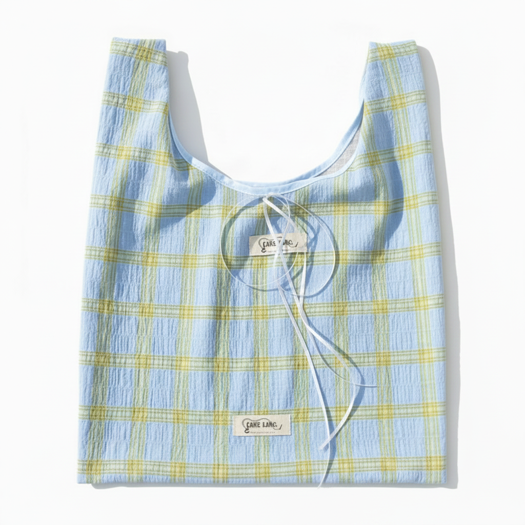 Blue and yellow plaid tote bag with blue ribbon, front view on white background