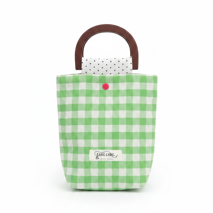 Green grid wooden handle bag, front view on white background
