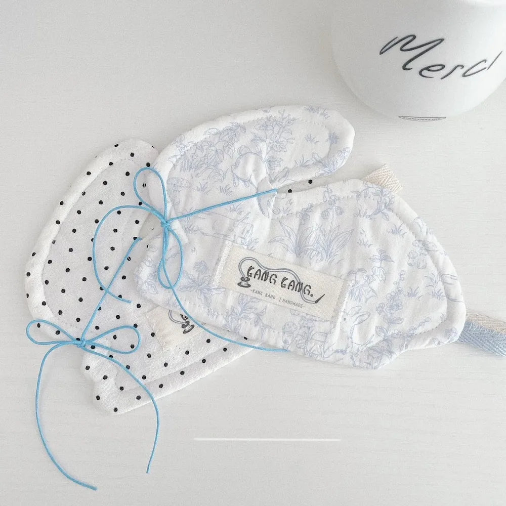 Botanical blue and white print rabbit coaster and black polka dot on white rabbit coaster
