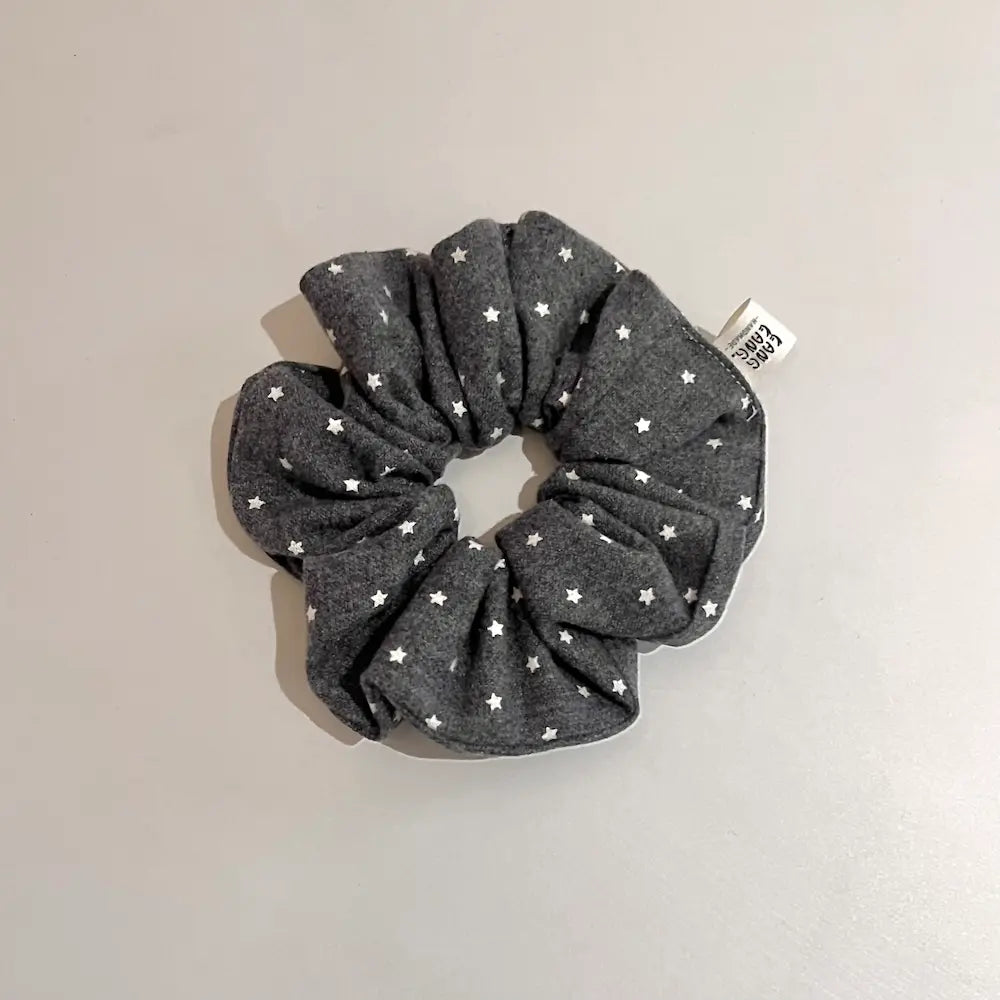 Kang Kang Handmade dark grey scrunchie with white star print, handmade fabric hair tie