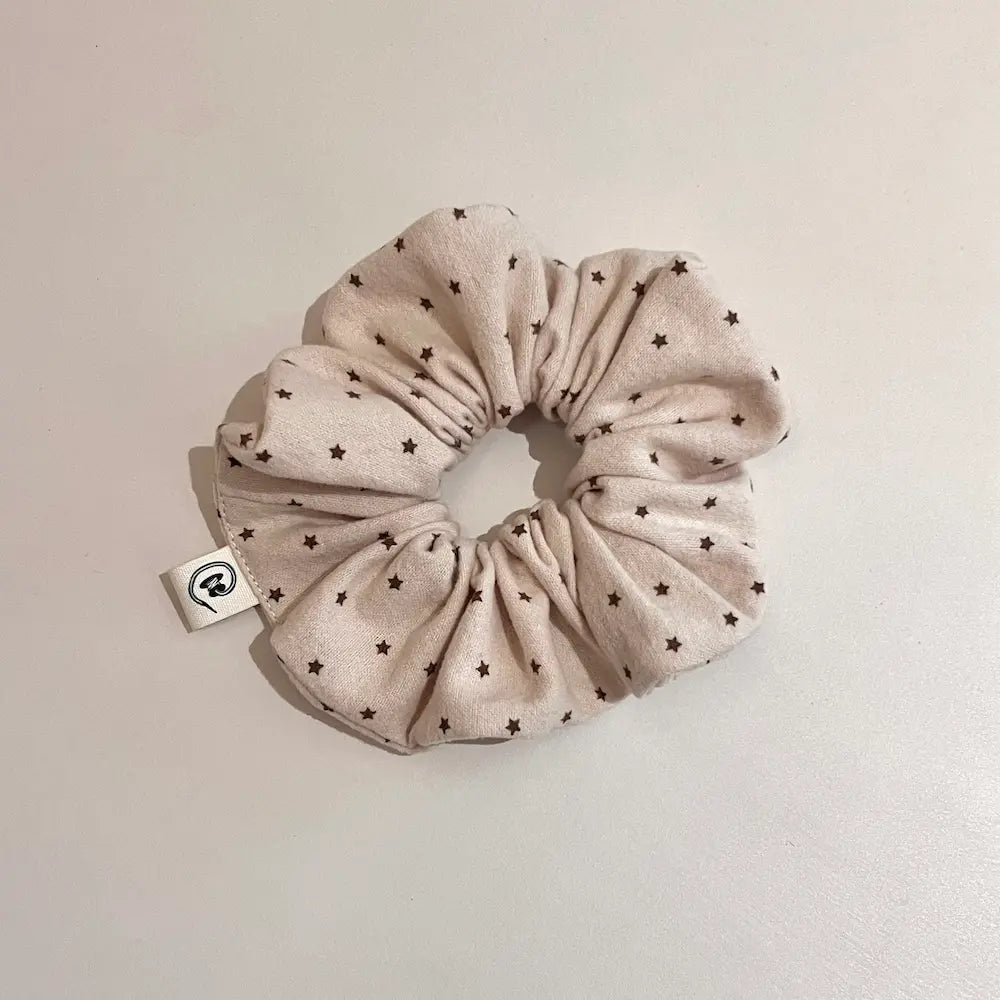 Kang Kang Handmade beige scrunchie with dark brown star print, handmade fabric hair tie