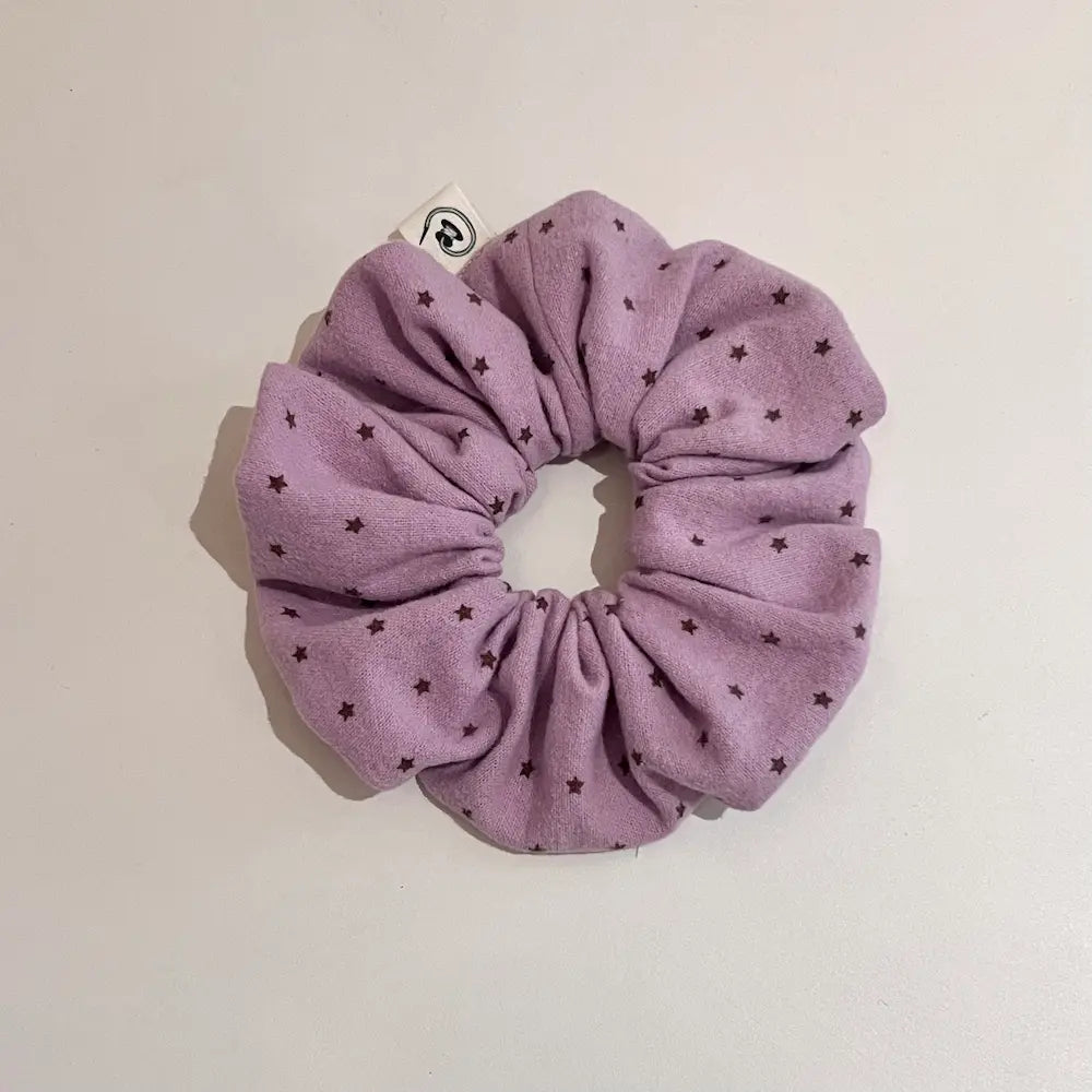 Kang Kang Handmade lavender purple scrunchie with dark purple star print, handmade hair tie