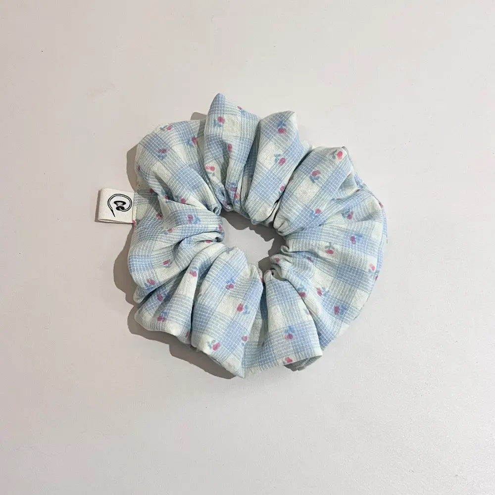 Kang Kang Handmade light blue and green plaid cherry print scrunchie, handmade fabric hair tie