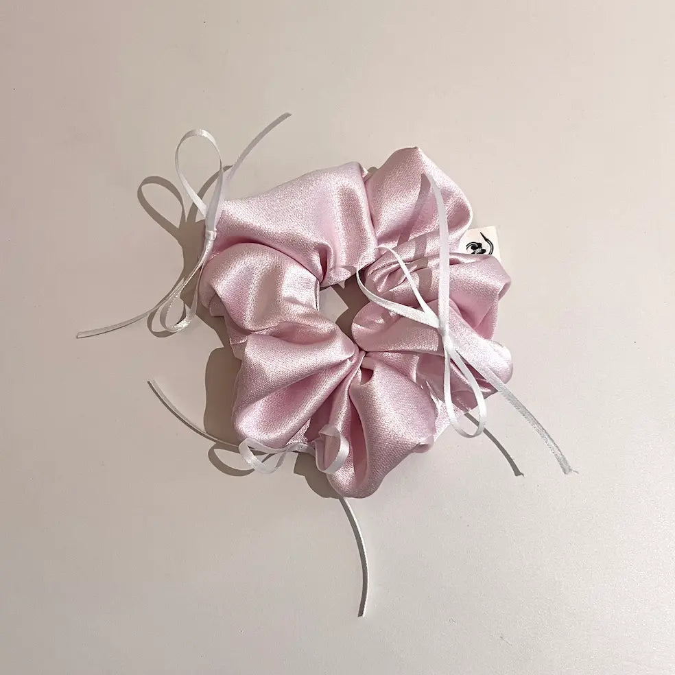 Kang Kang Handmade pink satin scrunchie with white ribbon ties, handmade hair accessory