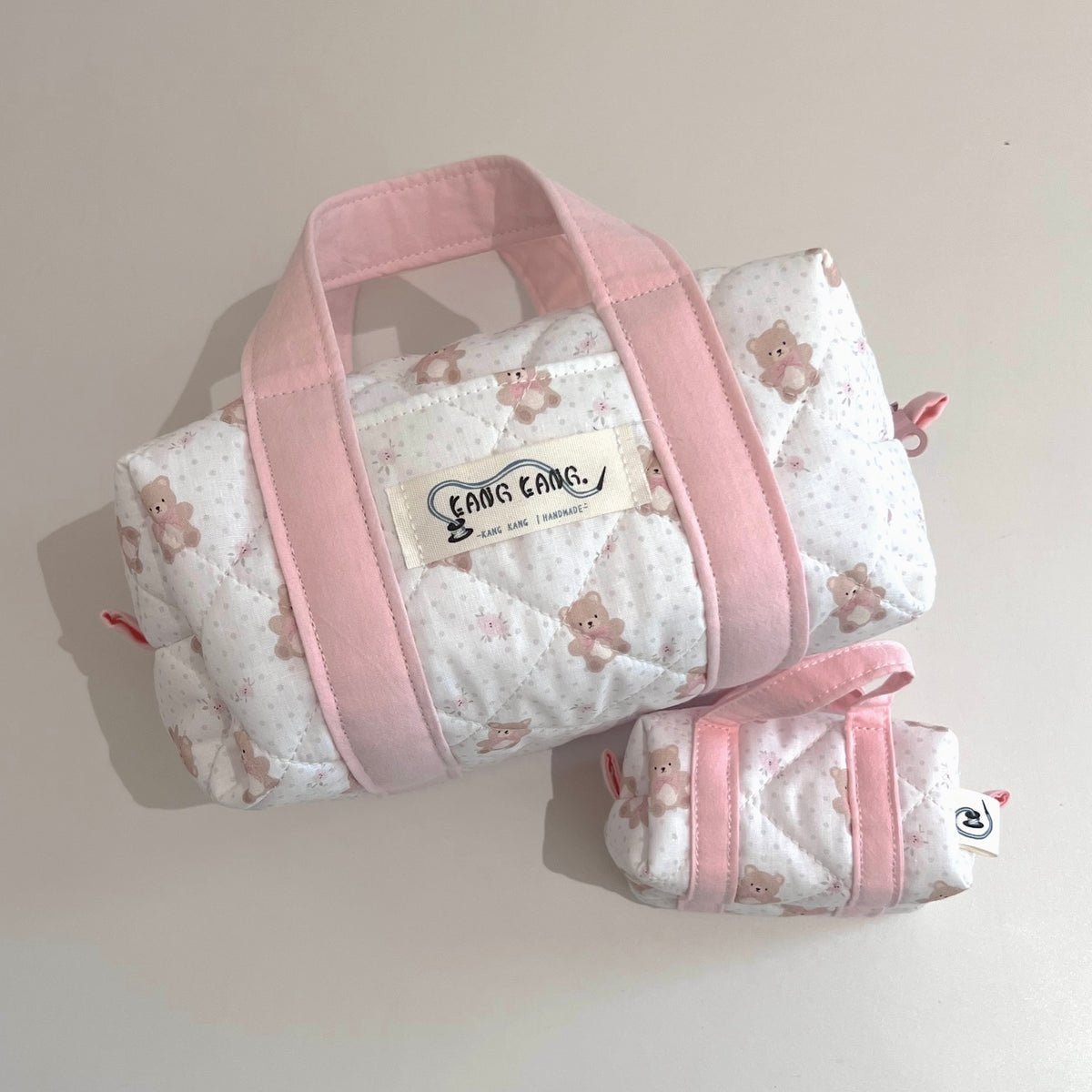 Kang Kang Handmade Together Bag in Bear Blush — quilted white fabric with pink bear and floral print, pink handles, set of large and small bag