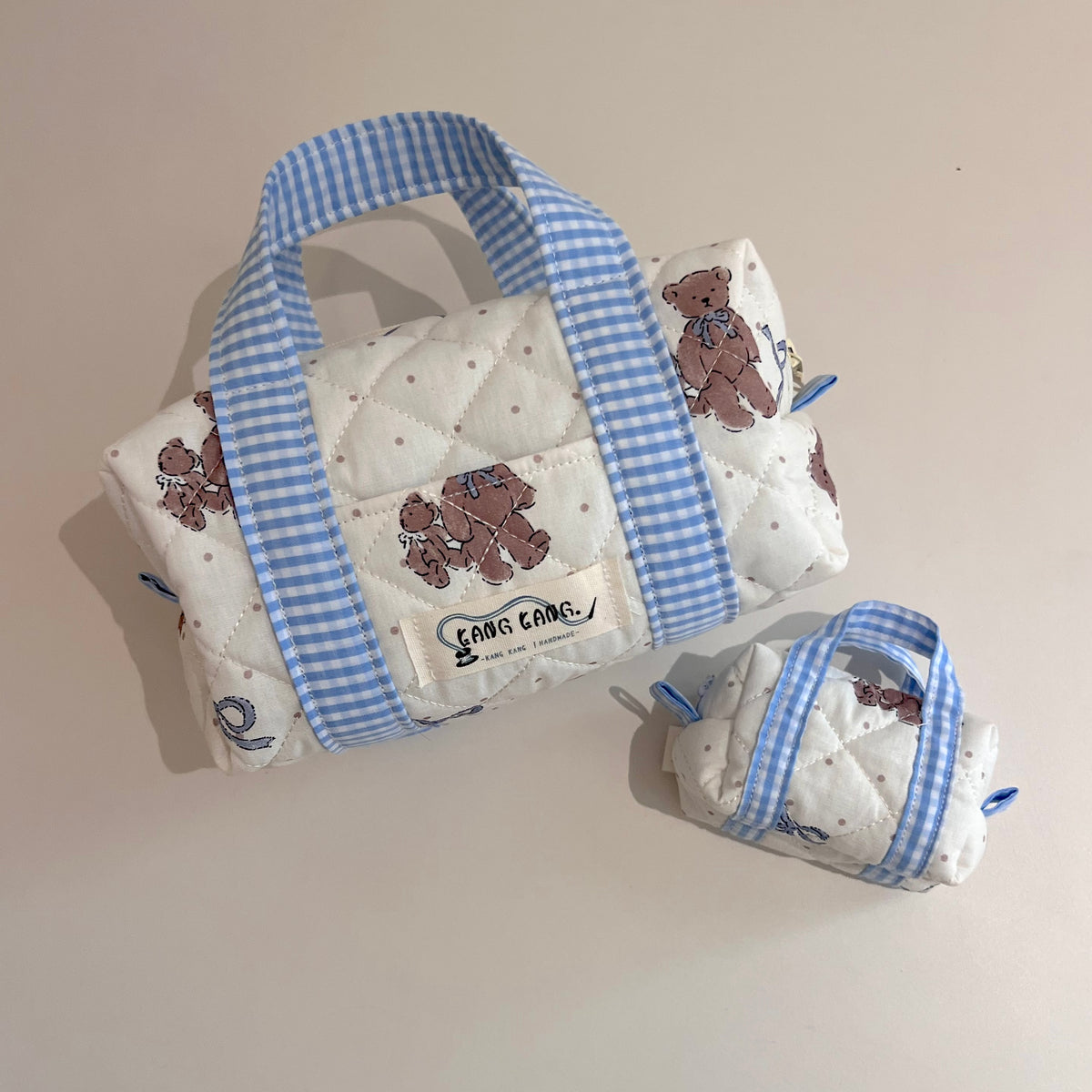 Kang Kang Handmade Together Bag in Bear Plaid — quilted white fabric with teddy bear print and blue gingham handles, set of large and small bag