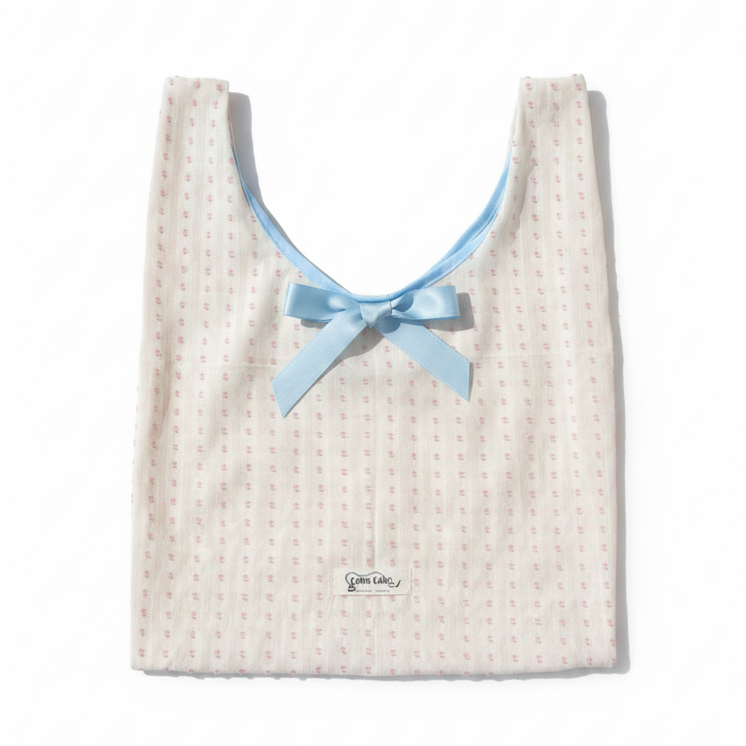 White Floral Tote Bag with Blue Ribbon
