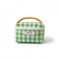 Green and white gingham wash bag with yellow contrast handle, front view on white background