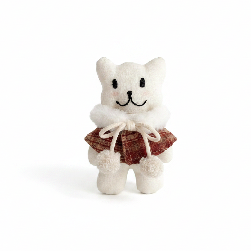 Bear with Burgundy Plaid Cape and White Pom-poms