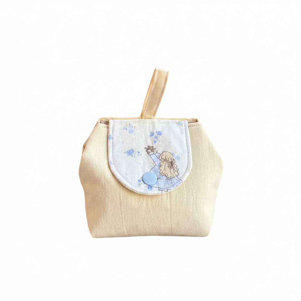 Beige Linen Cloud Pouch with Blue Rose Floral Flap
