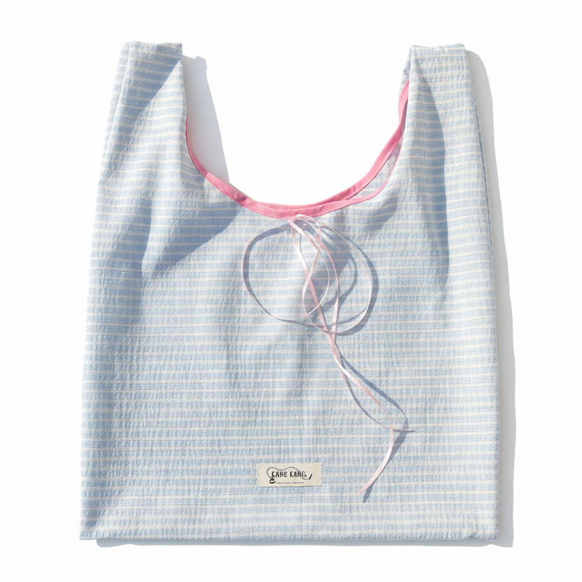 Blue Stripe Tote Bag with Pink Ribbon