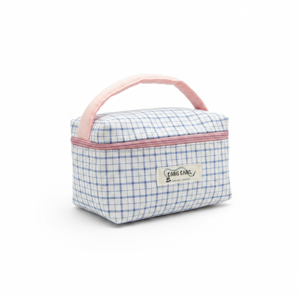 Blue Grid Toiletry Bag White Background