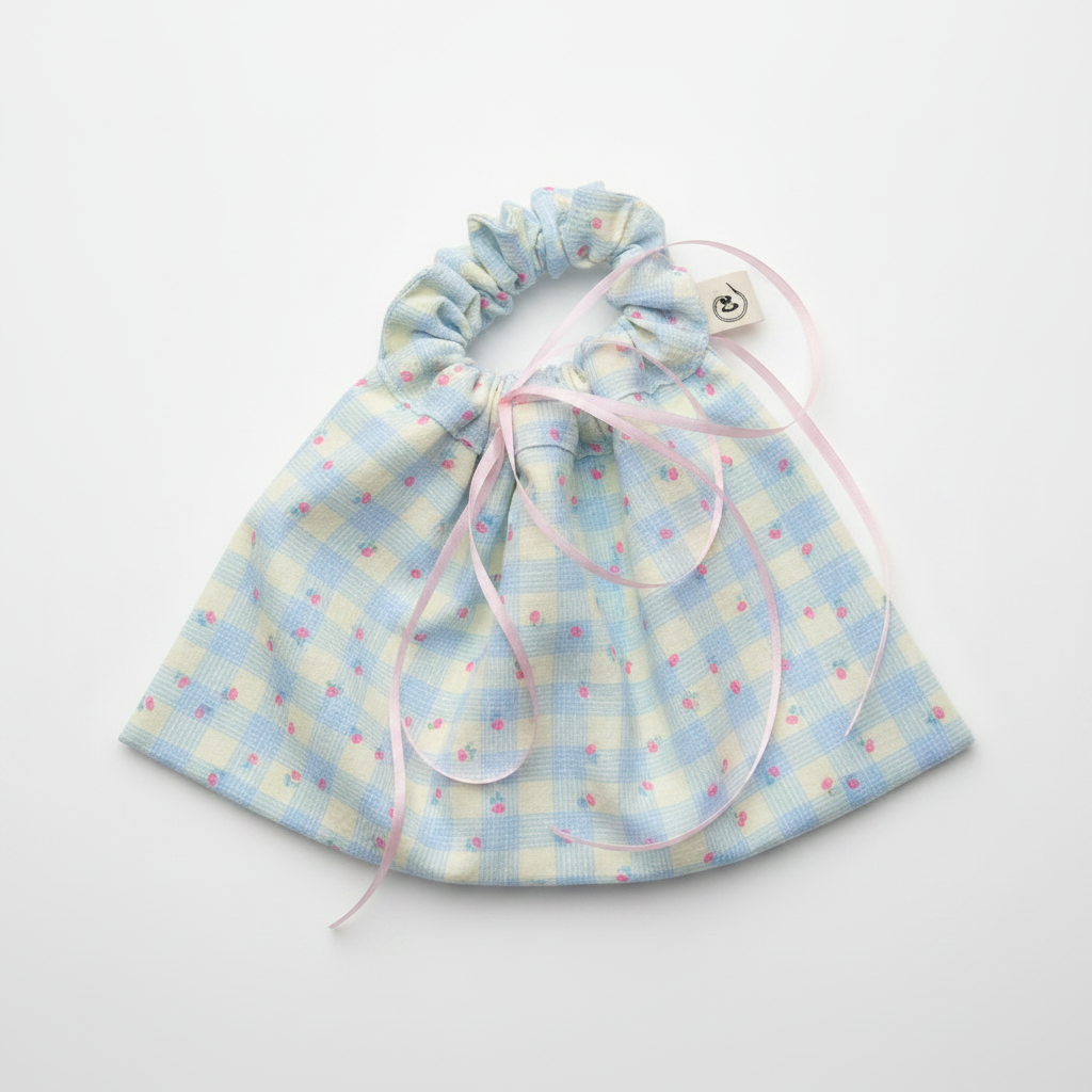 Blue Green Gingham Strawberry Scrunchie Drawstring Bag
