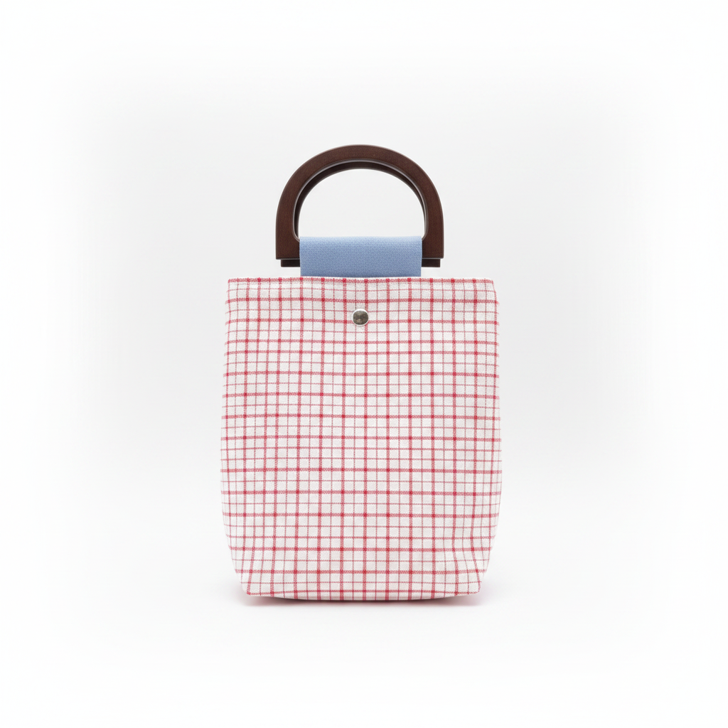 Wooden Handle Grid Bag Front White Background