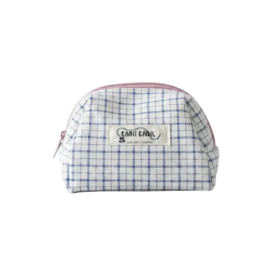 Kang Kang Handmade trapezoid cosmetic pouch in blue white plaid cotton with pink zipper, white background