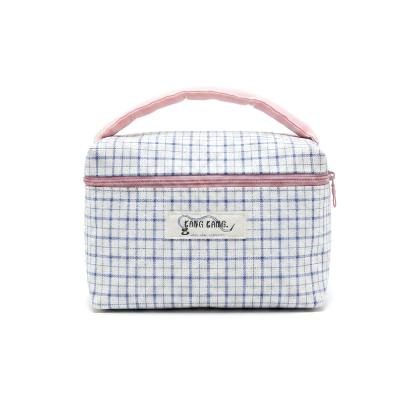Kang Kang Handmade large box makeup bag in blue white grid fabric with pink zipper and handle, white background