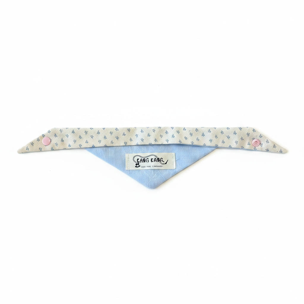 Kang Kang dog bandana Style 2 - cream floral print strap with light blue triangle, white background flat lay