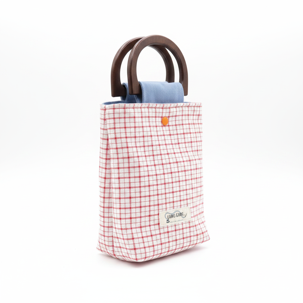 Red Grid Wooden Handle Bag - Label