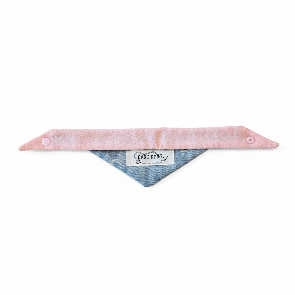 Kang Kang dog bandana Style 1 - pink fabric strap with light denim blue triangle, white background flat lay