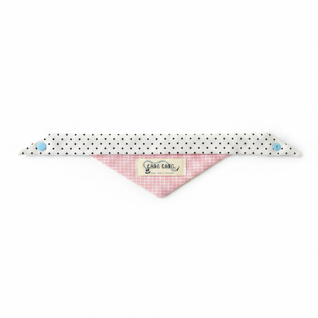 Kang Kang dog bandana Style 3 - white polka dot strap with pink gingham triangle, white background flat lay